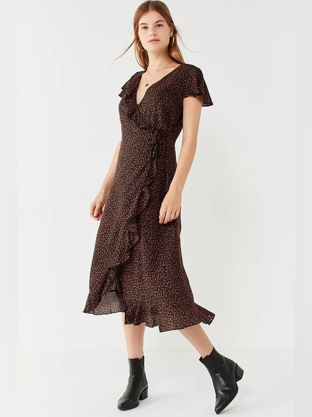 Kimchi Blue Ruffle Midi Wrap Red Floral Dress